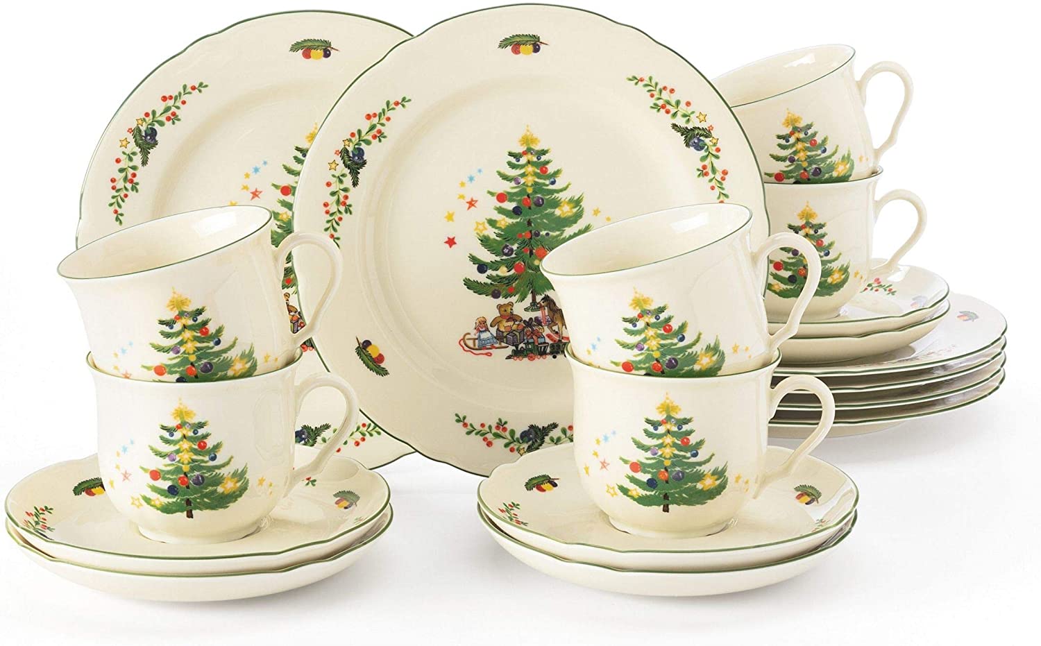 Seltmann Weiden 18-Piece Coffee Service Cream, Set for up to 6 People, Marieluise Series, Includes 6 Dinner Plates and Breakfast Plates, Hard Porcelain Green / Multi-Coloured