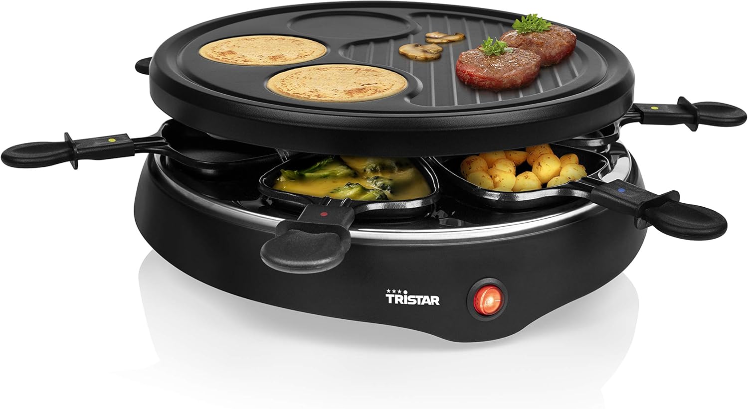 Tristar Raclette for up to 6 People with 6 Pans and Crepe and Grill Area/Diameter 29 cm, 800 W, Black, RA-2998