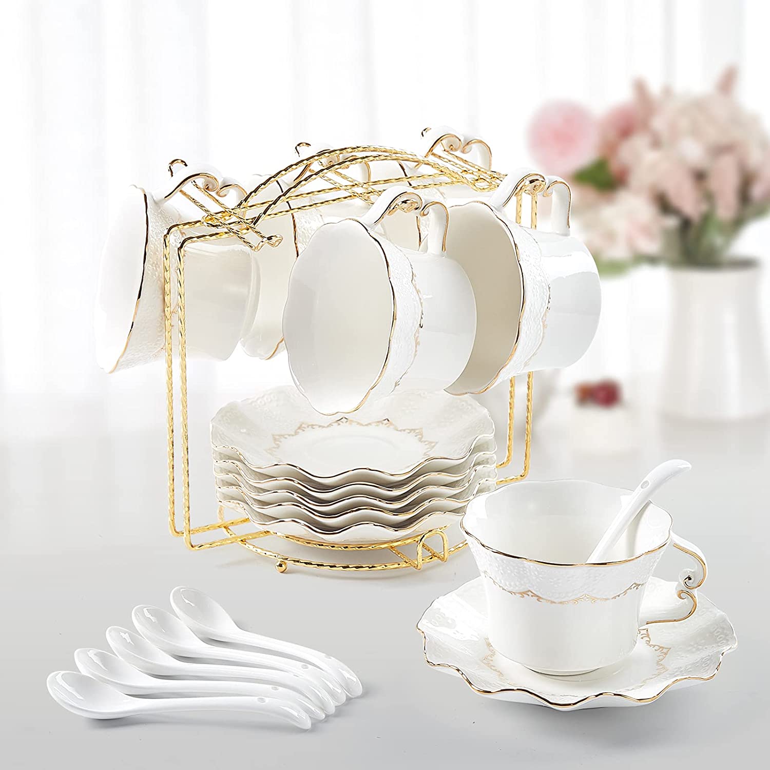 Dujust Tea Cups and Saucers Set of 6 (250ml/8.5oz) Luxury Tea Cup Set with Gold Trim, Embossed Coffee Cups with Metal Stand, British Royal Porcelain Tea Party Set - White