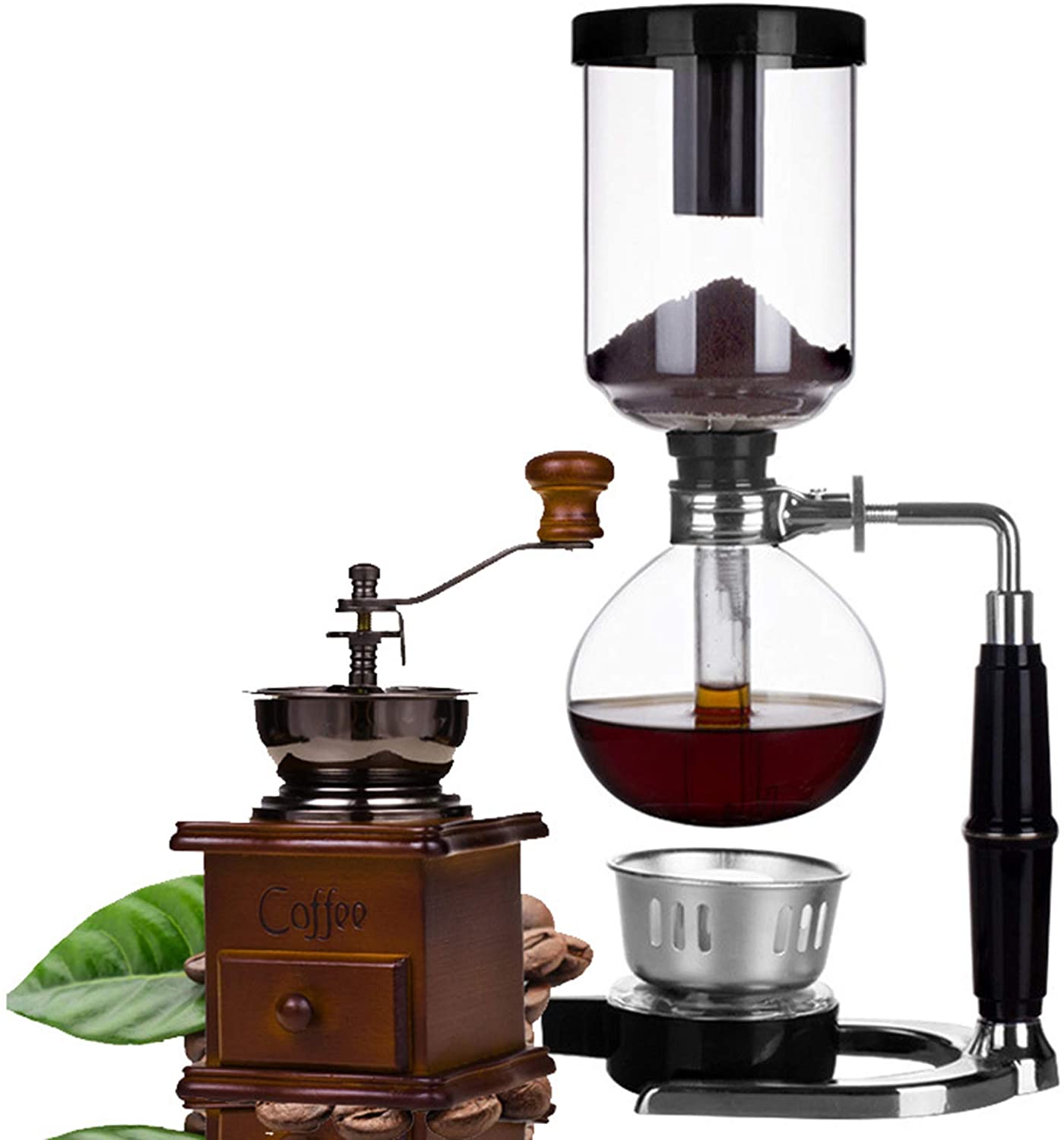 BNMY Siphon Coffee Machine 5 Cup Coffee Siphon Table Top Siphon (Siphon) Coffee Machine with Hand Mill, Brown