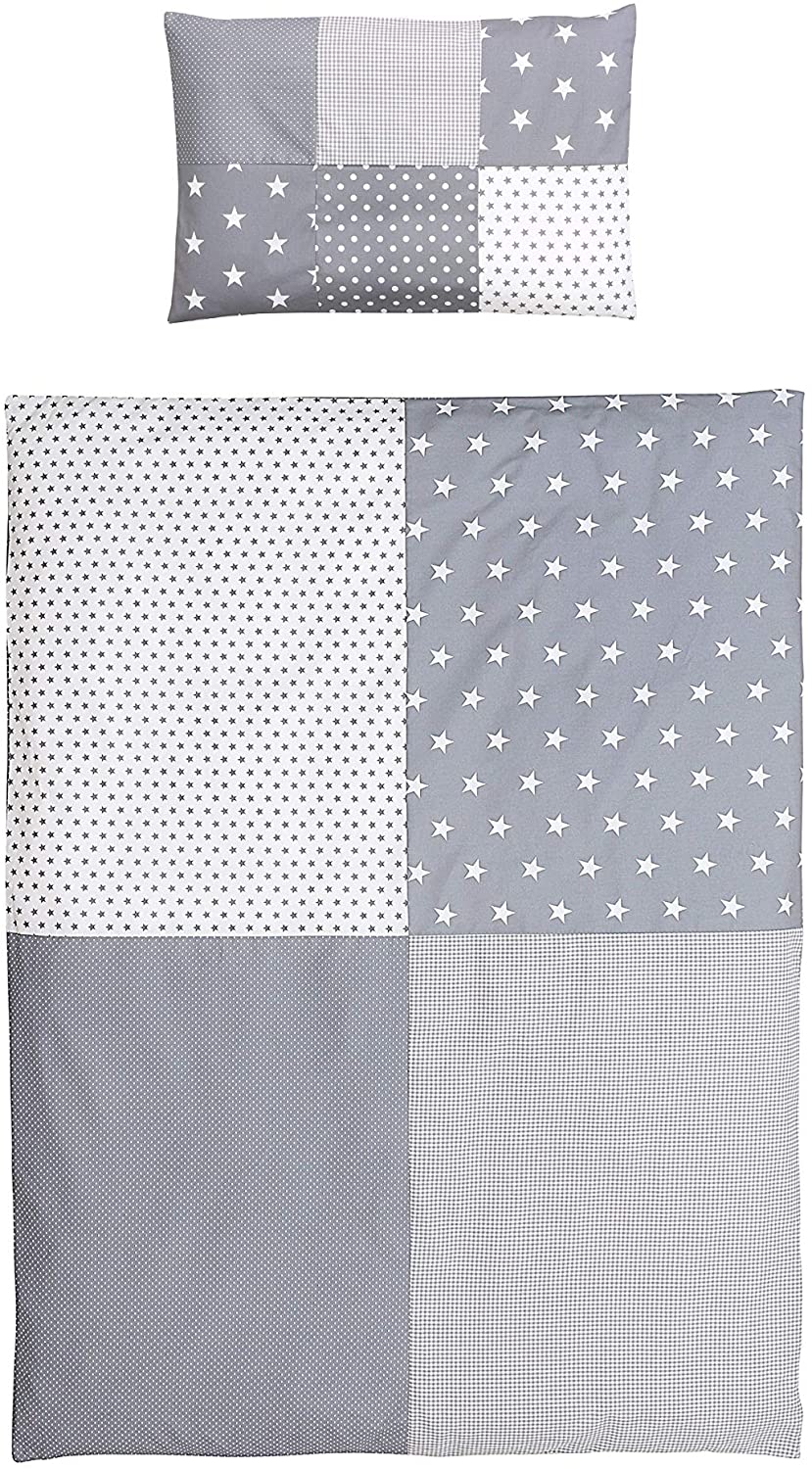 ULLENBOOM ® Children\'s Bed Linen 100 x 135 cm Grey Stars (Made in EU) - Pillowcase (40 x 60 cm) and Duvet Cover (100 x 135 cm) - Cotton Bedding for Children and Babies - Patchwork Design