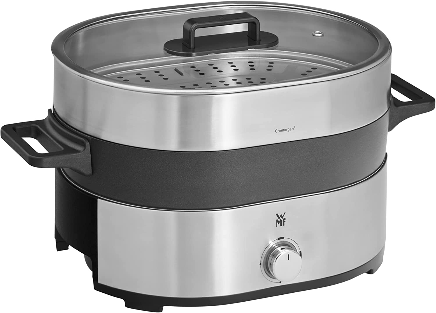 WMF Lono Hot Pot & Steamer Electric 3.6L Chinese Fondue for 6 People, Steam Attachment for Dim Sum, Bao, Cooking Basket, 17W Matte Stainless Steel