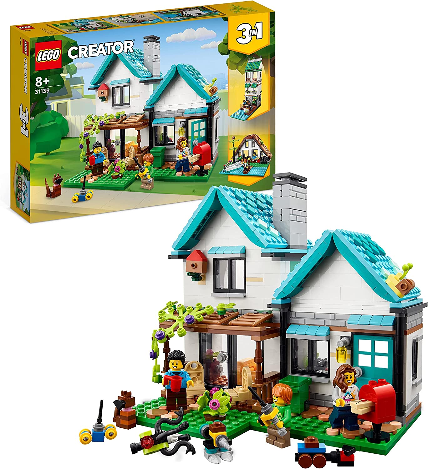 LEGO 31139 Creator 3-in-1 Cosy House Set, Model Kit with 3 Different Houses, Plus Family Mini Figures and Accessories, Gift for Children, Boys and Girls