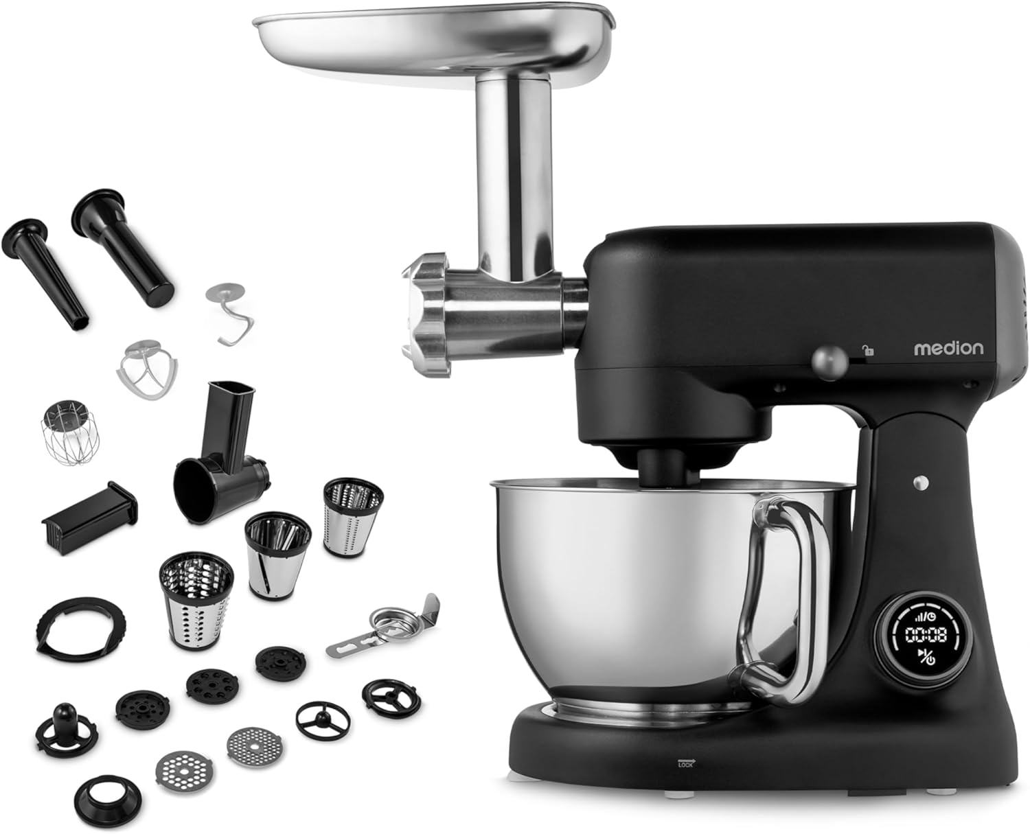 MEDION MD12600 Food Processor with Meat Grinder (800 Watt, Quiet DC Motor, 4.6 Liter Stainless Steel Bowl, Grater Rasps Cutting, Energy Saving, Digital Sensor Touch Display, Black