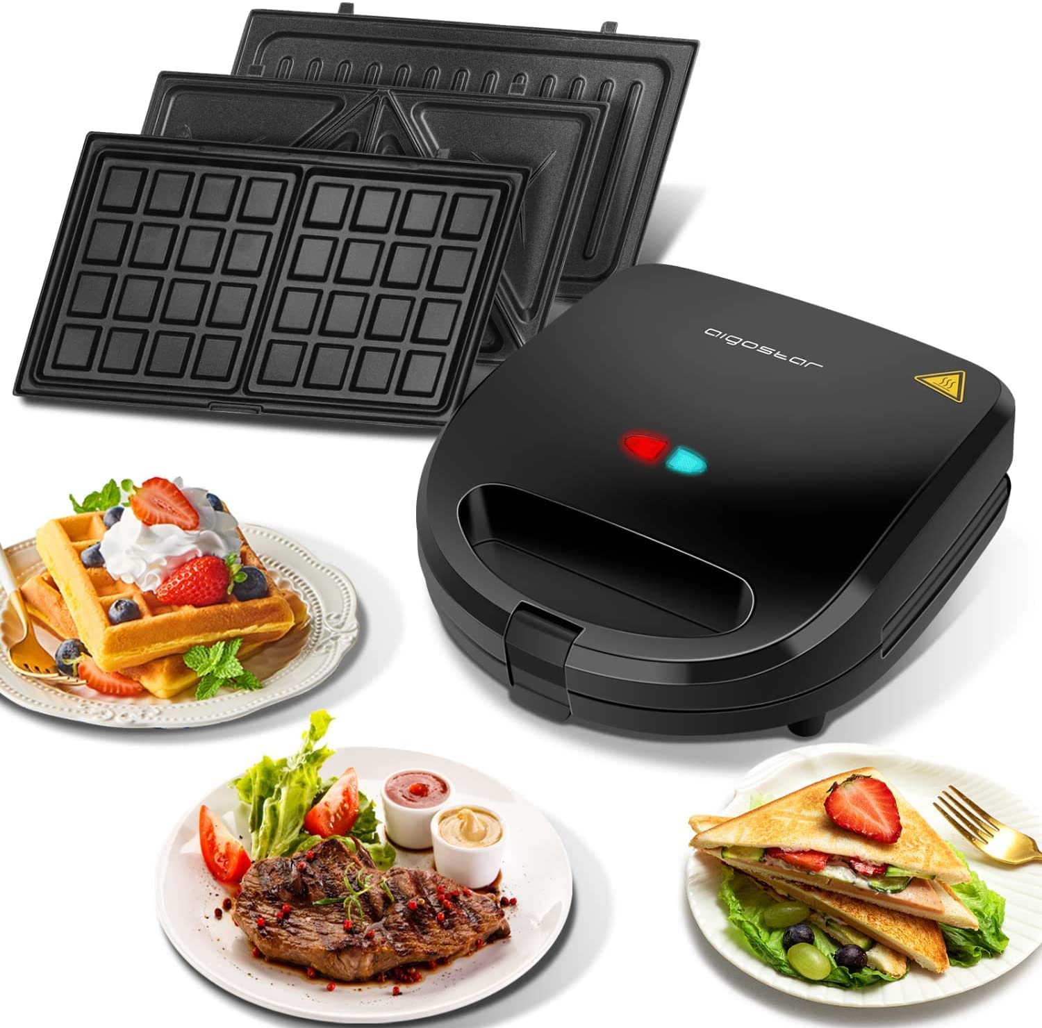 Aigostar 3-in-1 Sandwich Maker, 750 W Sandwich Toaster, 3 Removable Grill Plates, Contact Grill, Waffle Iron, 3-in-1, Dishwasher Safe, Triangular Sandwich Maker, Non-Stick, Black