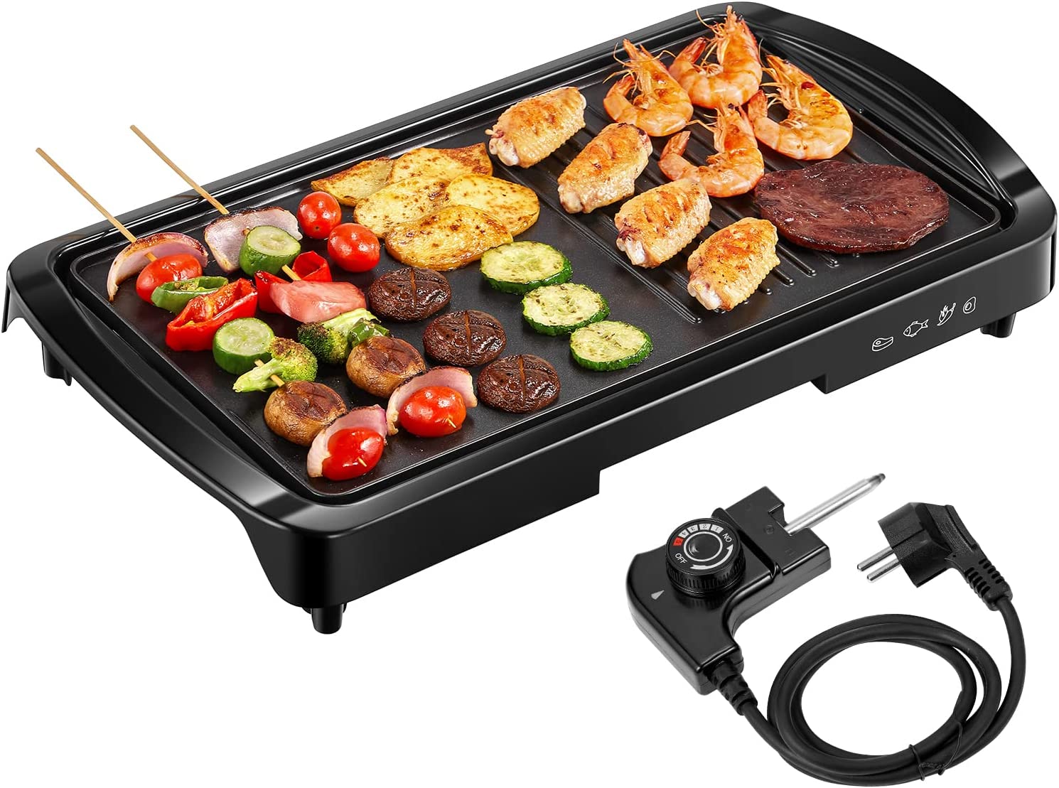 Hingpit Electric Table Grill, Adjustable Thermostat, Electric Grill for 6 People with Grease Drip Tray, Grill Plate Made of Die-Cast Aluminium, 1800 W Teppanyaki Grills, Ideal as a Gift, Black