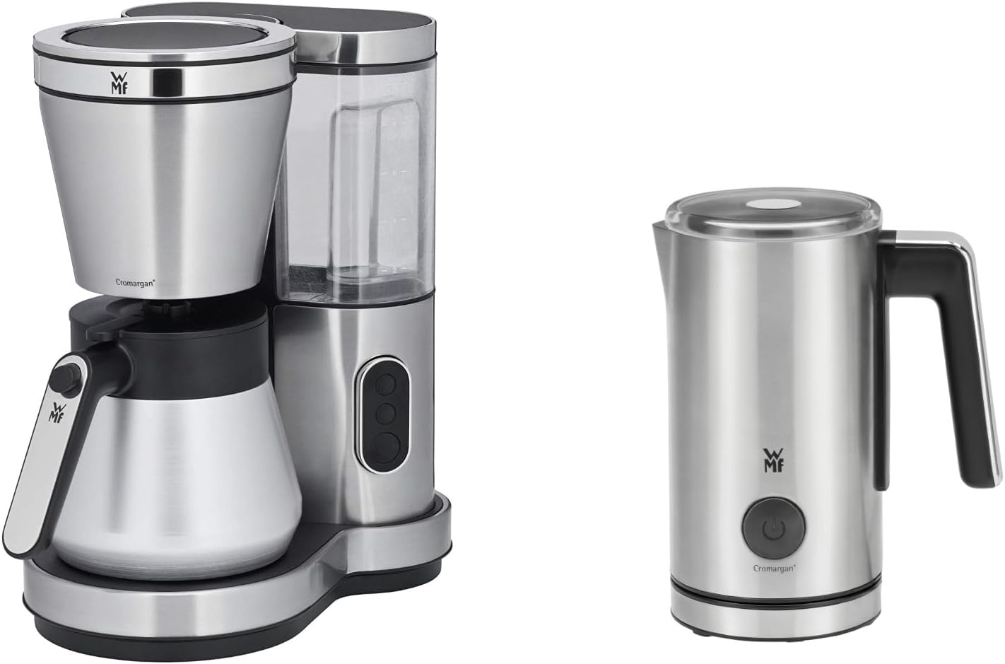 WMF Set Lono Filter Coffee Machine (800 W, with Thermos Flask, Filter Coffee, 8 Cups) and Stelio Milk Frother (500 W, 150-250 ml, non-stick coating) Cromargan Matt / Silver