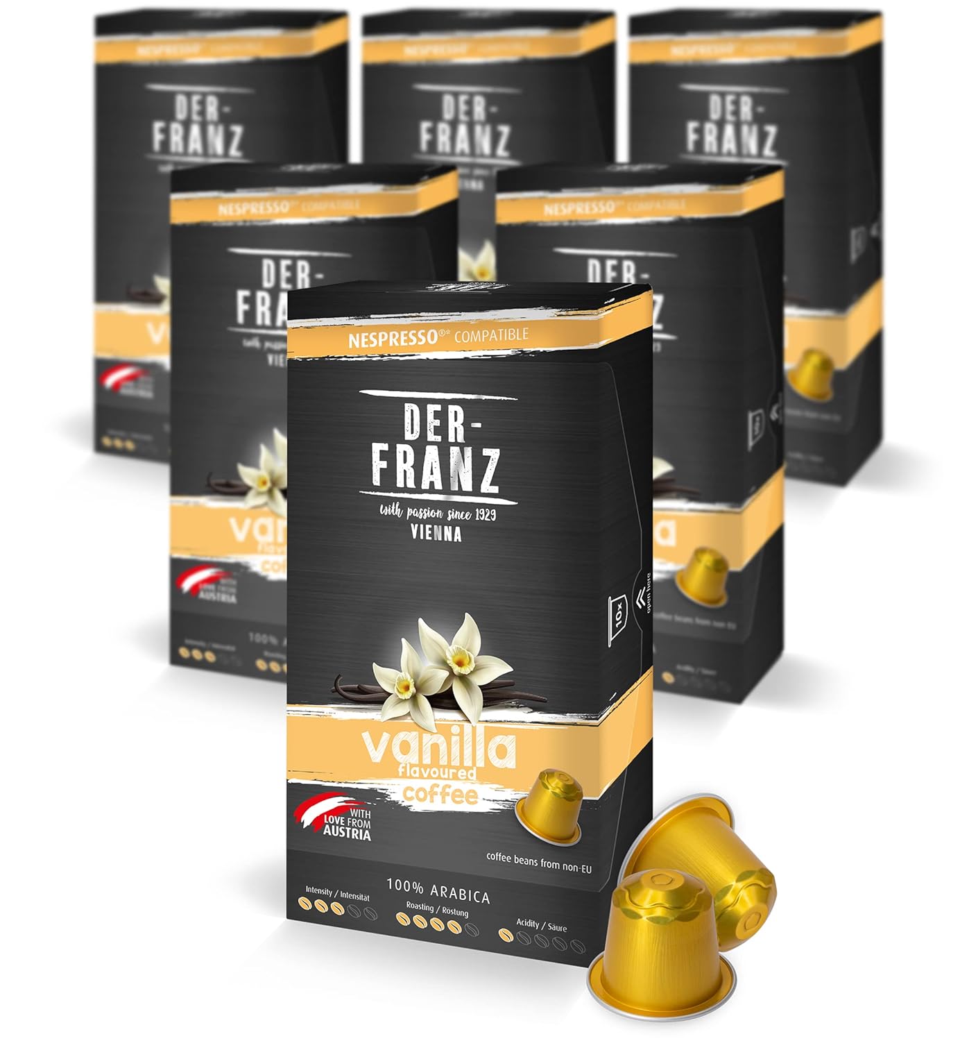 Der-Franz Nespresso Compatible Coffee Capsules, 6 x 10 Capsules, Vanilla Flavor, Medium Roast
