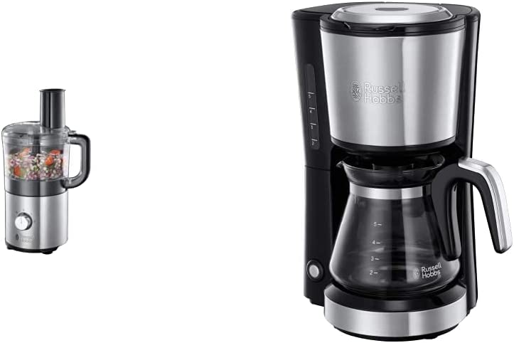 Russell Hobbs Mini Food Processor Compact, Space-Saving Design, 1.2 L & Mini Coffee Machine, Compact Stainless Steel, 0.6 L Glass Jug, up to 5 Cups, Space Saving, Permanent Filter, Automatic Shut-Off, 650 Watt