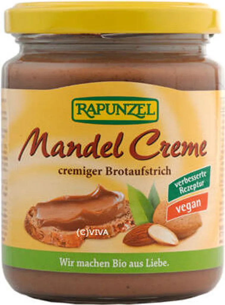 Rapunzel 130650, Nussaufstrich, Mandel, 250 g, Nüsse, Deutschland, MANDELN* (57,00%), Palmöl*, MANDELMEHL* (8,00%), Rohrzucker*, Vollrohrzucker*, Meersalz