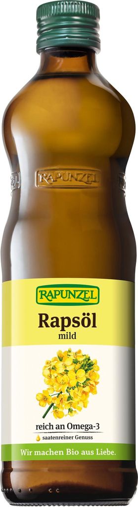 Rapunzel mild rapeseed oil 500 ml, rapeseed oil, 500 ml, glass bottle, deodorized rapeseed oil*, native rapeseed oil* * = ingredients from organic farming ** = ingredients from..., 900 kcal, 3700 kJ