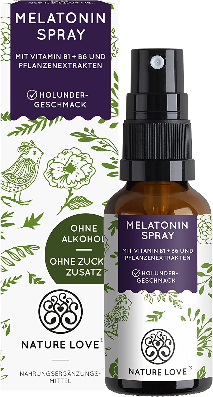 NATURE LOVE® Melatonin Spray Elderberry with Vitamin B1 and B6 - 0.5 mg Melatonin per Daily Dose, Sugar-Free, Vegan, Laboratory Tested