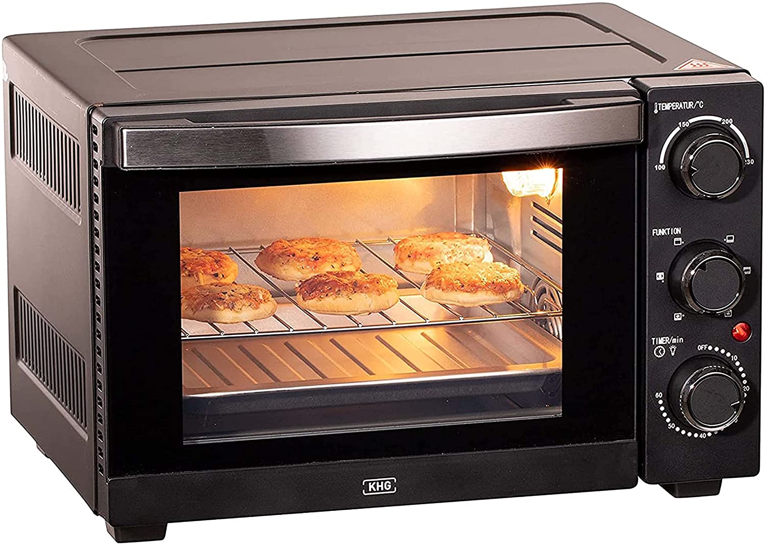 KHG MBO-15S Mini Oven Metal in Black with Circulating Air, Top / Bottom Heat, 15 L Cooking Chamber, Includes 6 Function Levels, Timer, Interior Lighting, Baking Tray, Removal Handle, Grill Rack