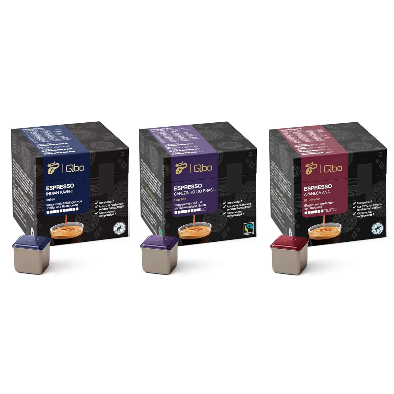 Tchibo Qbo Espresso Premium Coffee Capsules, 81 Pieces, 3 x 27 Capsules in Cube Shape, Various Varieties from Powerful to Mild, Aroma Sealed, Climate-Neutral Compensated, Coffee Enjoyment at a Great
