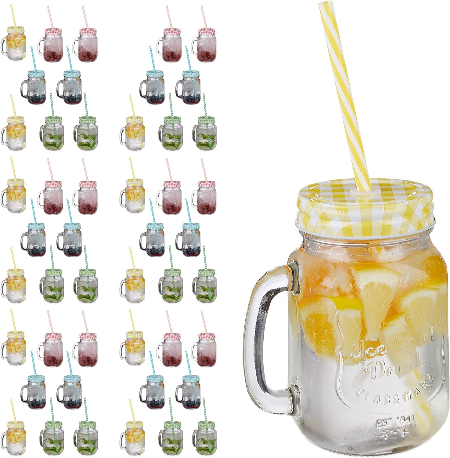 Relaxdays Colourful Drinking Jars with Straw, Set of 8, 400 ml, Gastro, Lid Jars with Handle, Ice Cold Drink Glasses Set, Glass, Standard