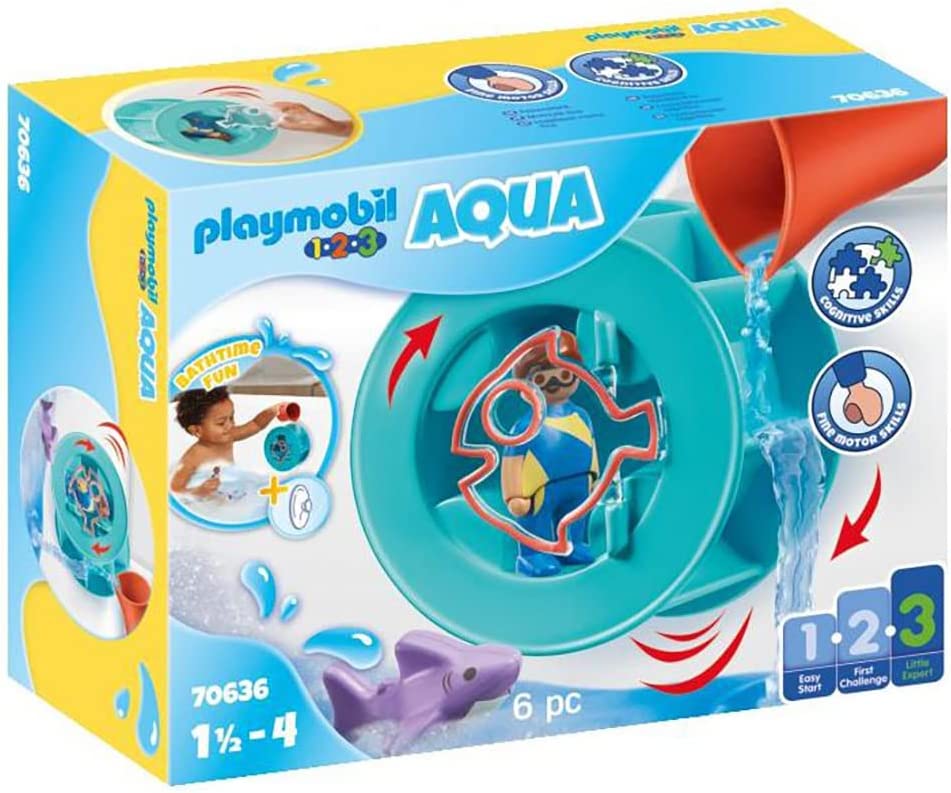 PLAYMOBIL 1.2.3 AQUA 70636 Water Swivel Wheel with Baby Shark, with Suction Cup for Attaching to the Bath Edge and Floating Shark, First Toy for Children from 1.5 to 4 Years