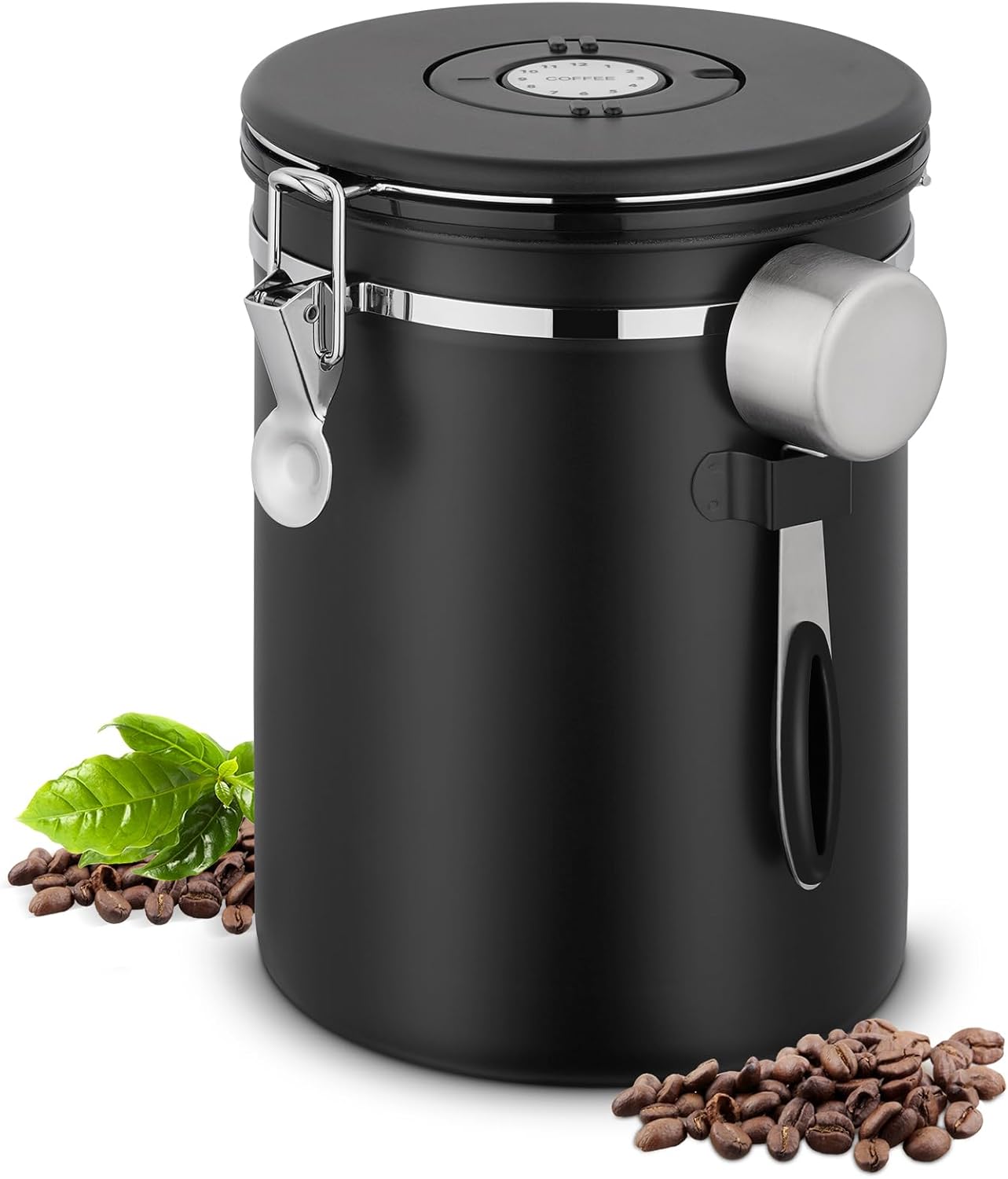 Coffee Canister Airtight, 2.8 L Coffee Beans Container Made of Stainless Steel, 1 kg Beans Vacuum Coffee Tin, Airtight Stainless Steel Coffee Jar with CO2 Valve, Measuring Spoon & Date Display