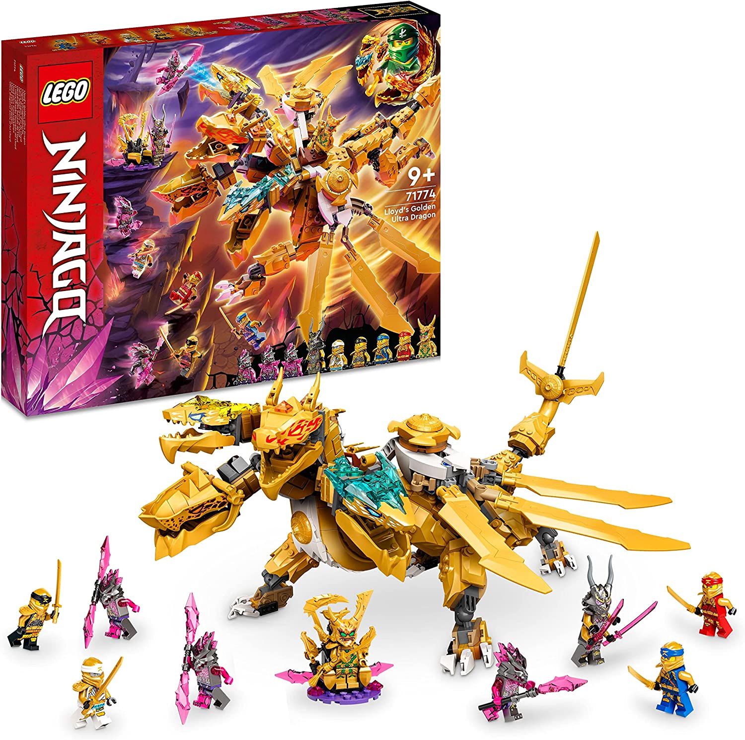 LEGO 71774 NINJAGO Lloyds Ultra Gold Dragon Set with Dragon Figure and 9 Mini Figures Including Lloyd, Kai and Zane, Toy for Children from 9 Years