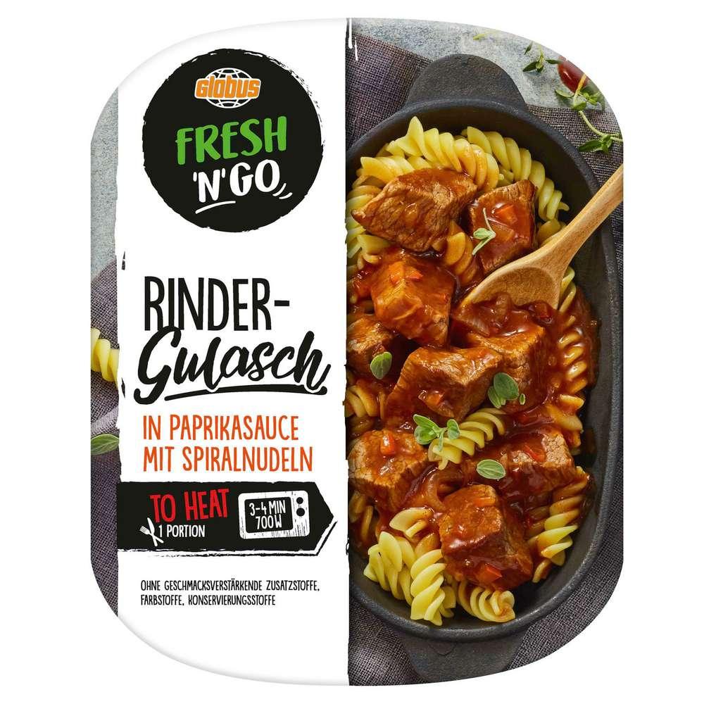 Beef goulash in paprika sauce with spiral noodles