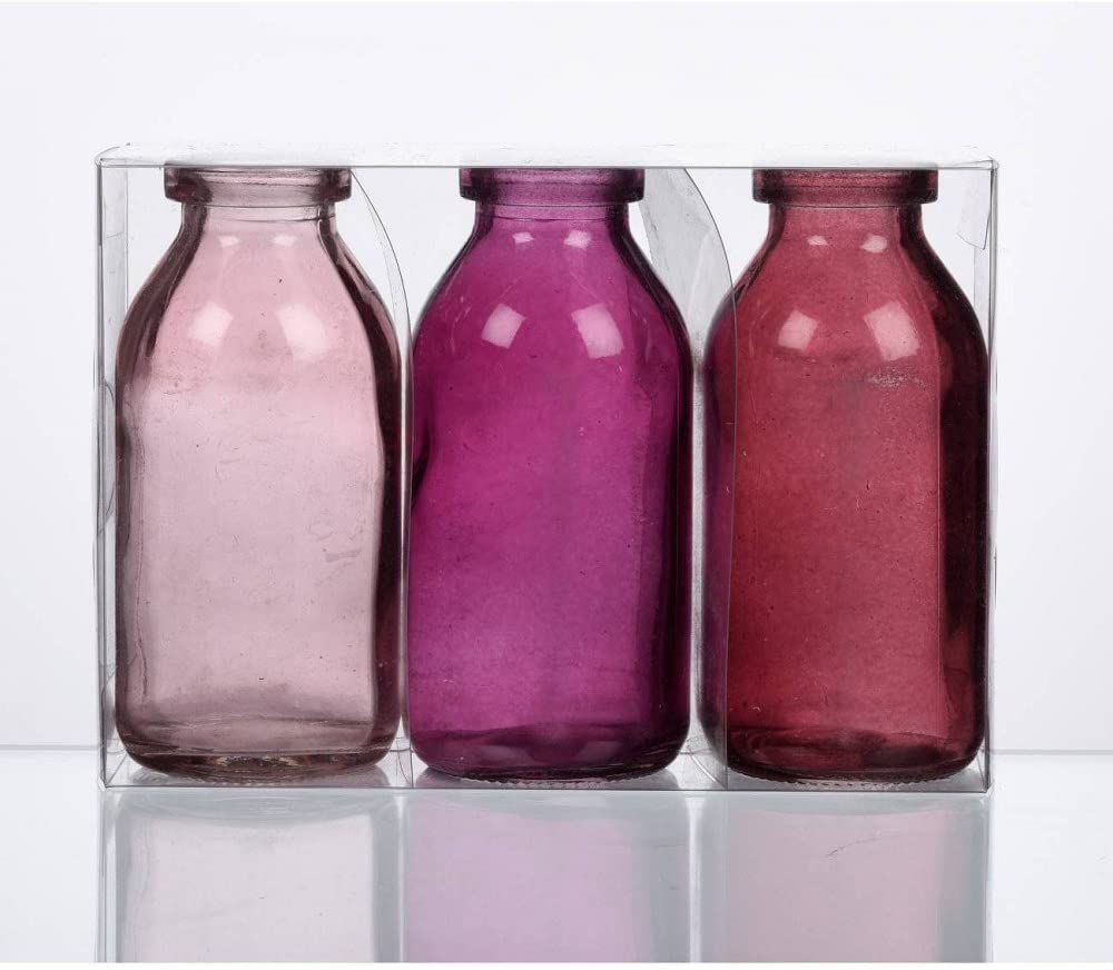Pack of 3 Bottle Vase Height 10 cm Diameter 5 cm Pink Red Glass Sandra Rich