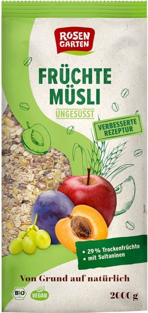Rosengarten Früchte-Müsli ungesüßt -- 2000g x 4  - 4er Pack VPE