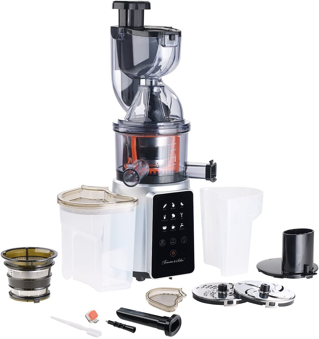 ROSENSTEIN & SOHNE Rosenstein & Söhne Juice Machine 3-in-1 Slow Juicer & Vegetable Grater and Ice Attachment 200 (Electric Slow Juicer)