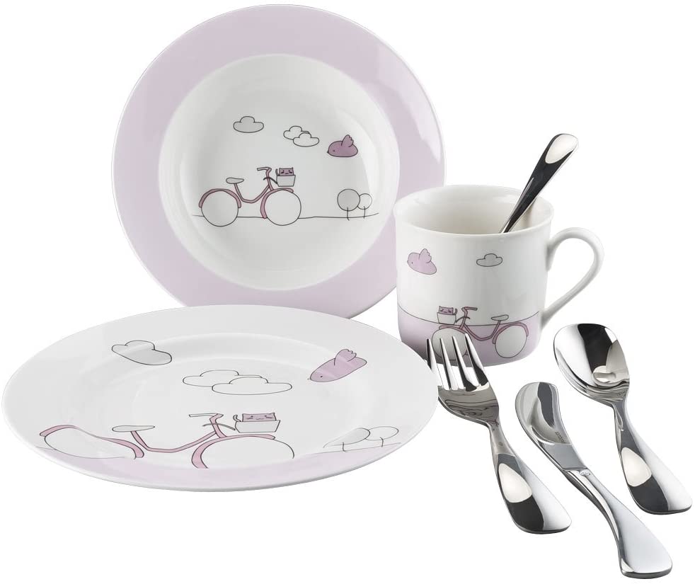 Rosenthal – sambonet Children\'s Porcelain Tea Service with Cutlery BMX Bike – Set 7 pieces – Pink