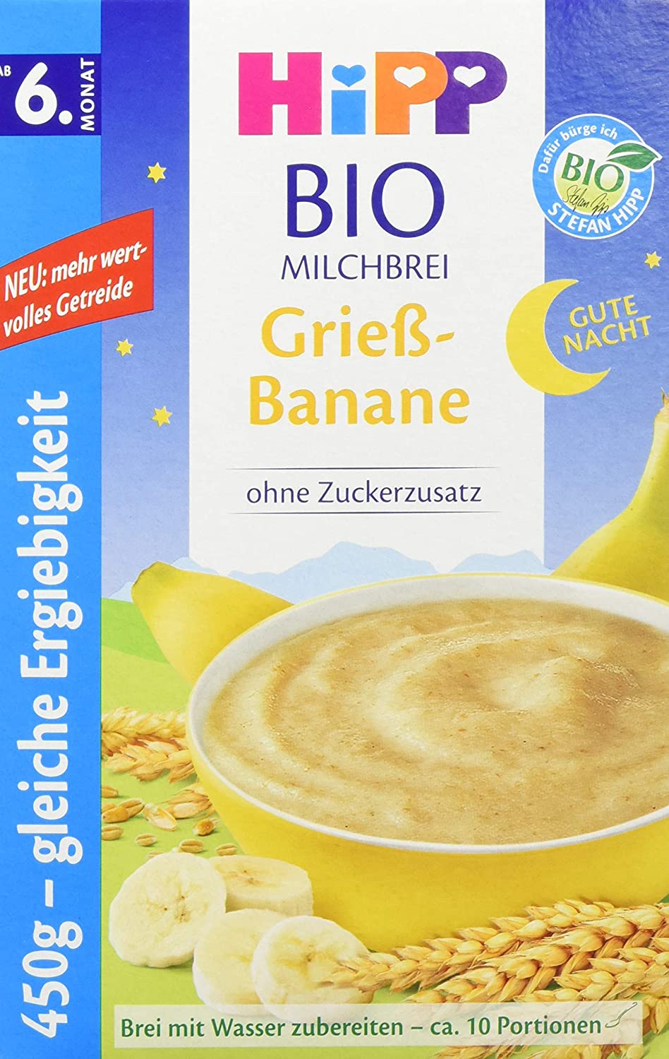Hipp Bio-Milchbreie ohne Zuckerzusatz-Vorratspackung, ab 6. Monat, Gute-Nacht-Brei Grieß Banane, 4er Pack (4 x 450 g)