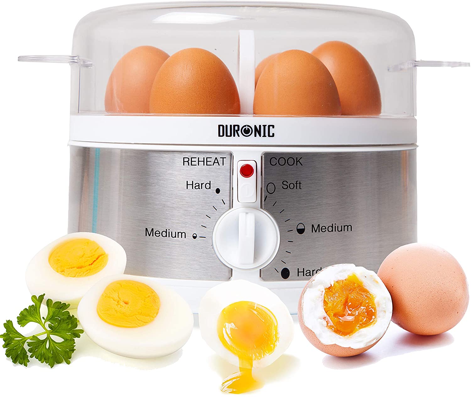 Duronic EB35 Egg Boiler for 1 to 7 Eggs - Hardness Setting and Timer - Prepare Eggs in 2 Different Ways at the Same Time - Includes Measuring Cup and Egg Cutter
