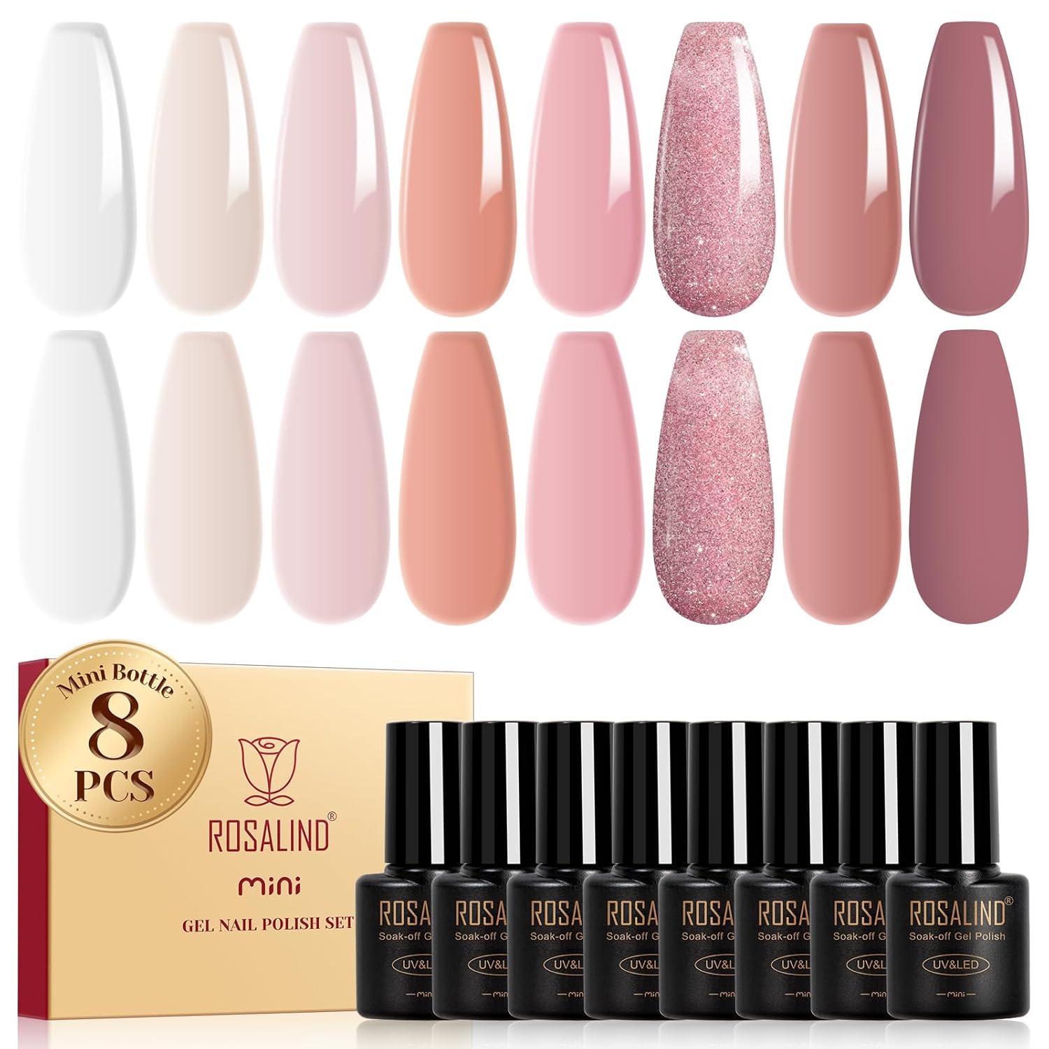 ROSALIND UV Nail Polish Nude, 8 Colors Jelly Gel Nail Polish Transparent White Nude Pink, Shellac Nail Polish Soak-Off UV Gel Nail Polish Beige for Nail Art Manicure