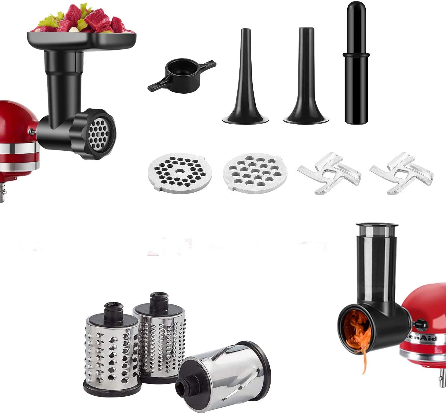 Vegetable Cutter and Mincer Replacement Parts for KitchenAid Food Processors, COFUN Meat Grinder Accessories with Grinding Disc, Sausage Filler Horns, Vegetable Cutter with Crown Grater Cutting Drum (Black)