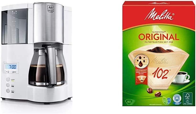 Melitta Optima Timer Filter Coffee Machine with Timer Function I White & Filter Bags Natural Brown 102/80