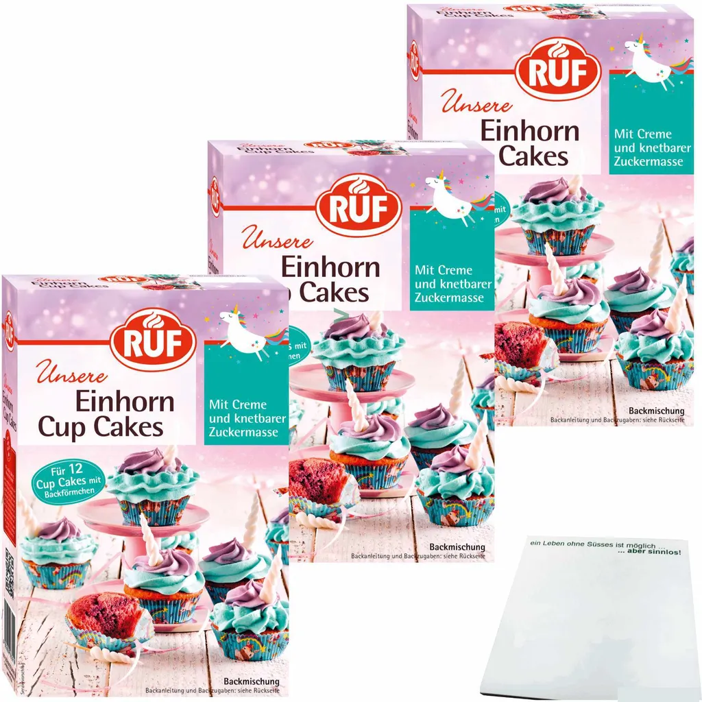 Ruf Unicorn Cup Cakes Baking Mix with Baking Cups Cream and Kneadable Sugar Paste 3-pack (3x365g pack) + usy Block