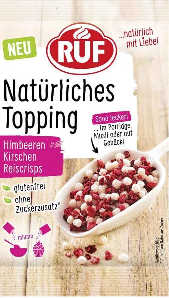 RUF Natürliches Topping Himbeeren, Kirschen, Reiscrispies 15g