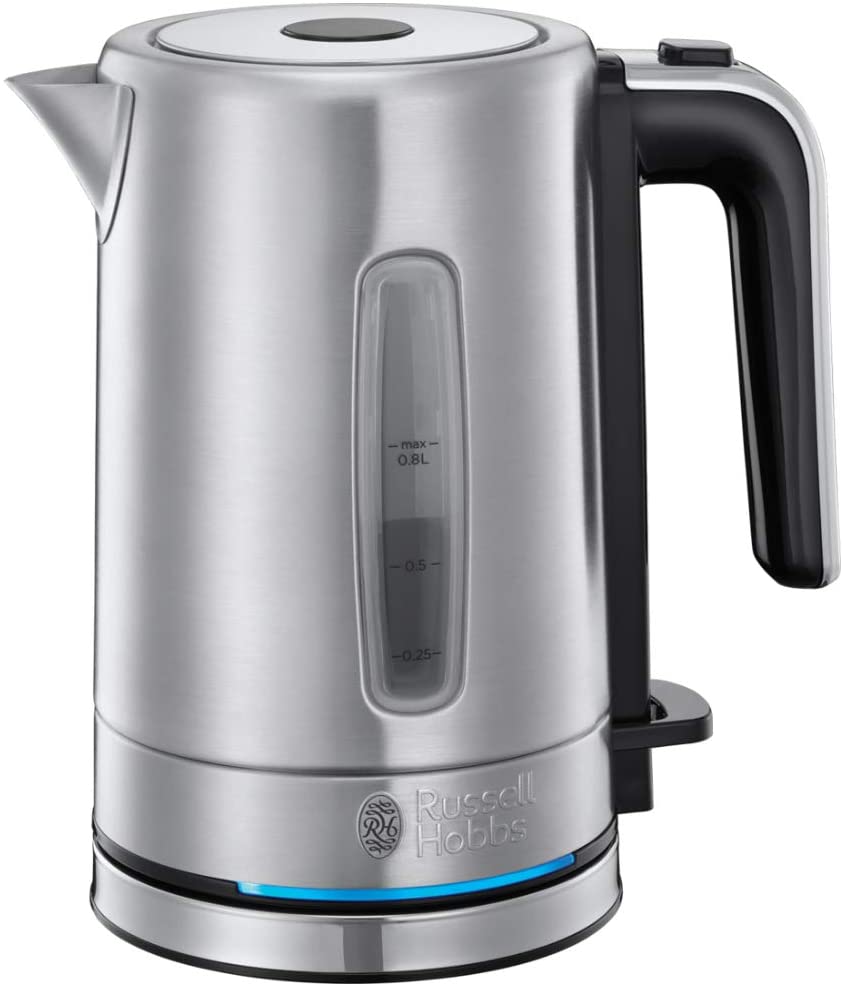 Russell Hobbs mini kettle Compact stainless steel, 0.8l, 2200W, LED lighting, limescale filter, optimized pouring spout, space-saving, small travel kettle, compact tea maker 24190-70