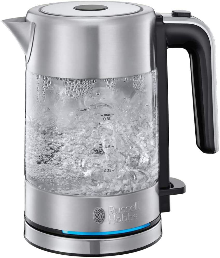 Russell Hobbs Mini Glass Kettle Compact, 0.8l, 2200W, LED lighting, limescale filter, optimized pouring spout, space-saving, small travel kettle, compact tea maker 24191-70