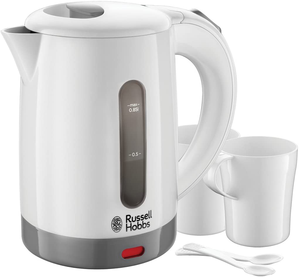 Russell Hobbs Travel Kettle, 0.85 L, 1000 W, Worldwide Voltage Adjustment, Includes 2 Cups & 2 Teaspoons, Optimised Spout, Compact Small Travel Kettle, Mini Tea Maker 23840-70