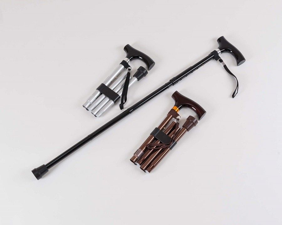 Russka foldable walking stick with wooden Fritz handle, silver