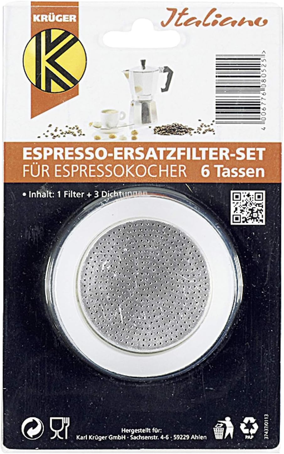 Karl Krüger 505s 1 filter and 3 sealing ring for espressok 6 t, silicone, white, 10 x 10 x 1 cm