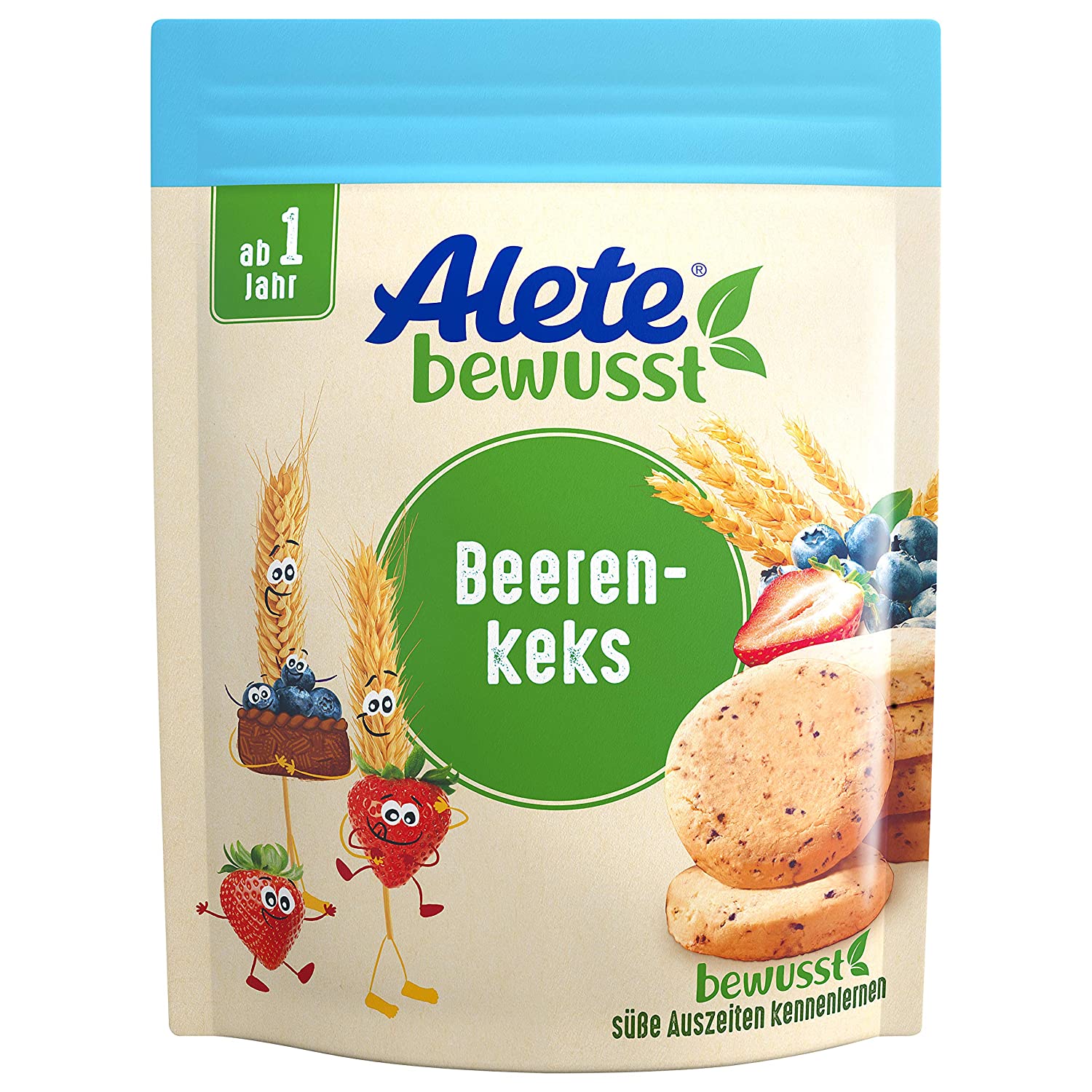 Alete bewusst Beerenkeks, Kekse mit Heidelbeer- & Erdbeerzubereitung, Gebäck für Kinder ab 1 Jahr, verzehrfertig im wiederverschließbaren Beutel, 150 g (ca. 16 Portionen)