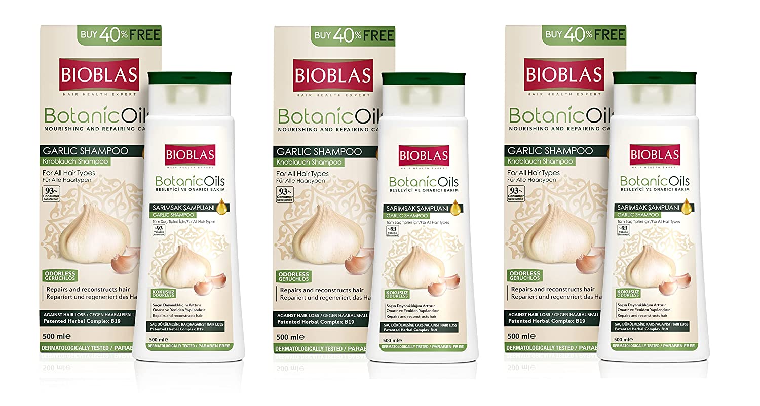 BIOBLAS 3 x Garlic Shampoo 500 ml Bioblad, Odourless, Anti Hair Loss Women and Men Mega Pack