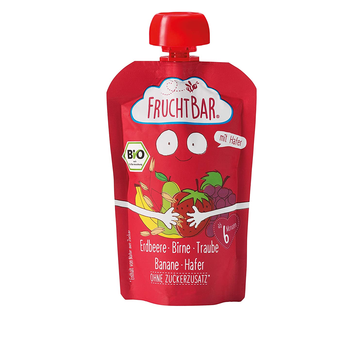 FruchtBar Bio Fruchtpüree Erdbeere-Birne-Traube-Banane-Hafer, im Quetschbeutel, 8x100g