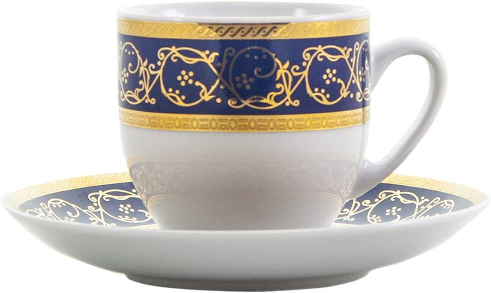 Bohemia Saphyr Greca Coffee Cup and Saucer, Porcelain, Blue, 12 x 12 x 5 cm