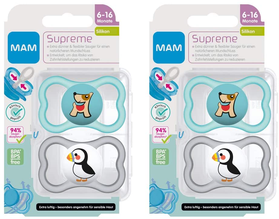 MAM Dental Dummy Supreme 6-16 Months, Pack of 4, SkinSoft Silicone, Skin-Friendly and Tooth-Friendly Dummy, Neutral