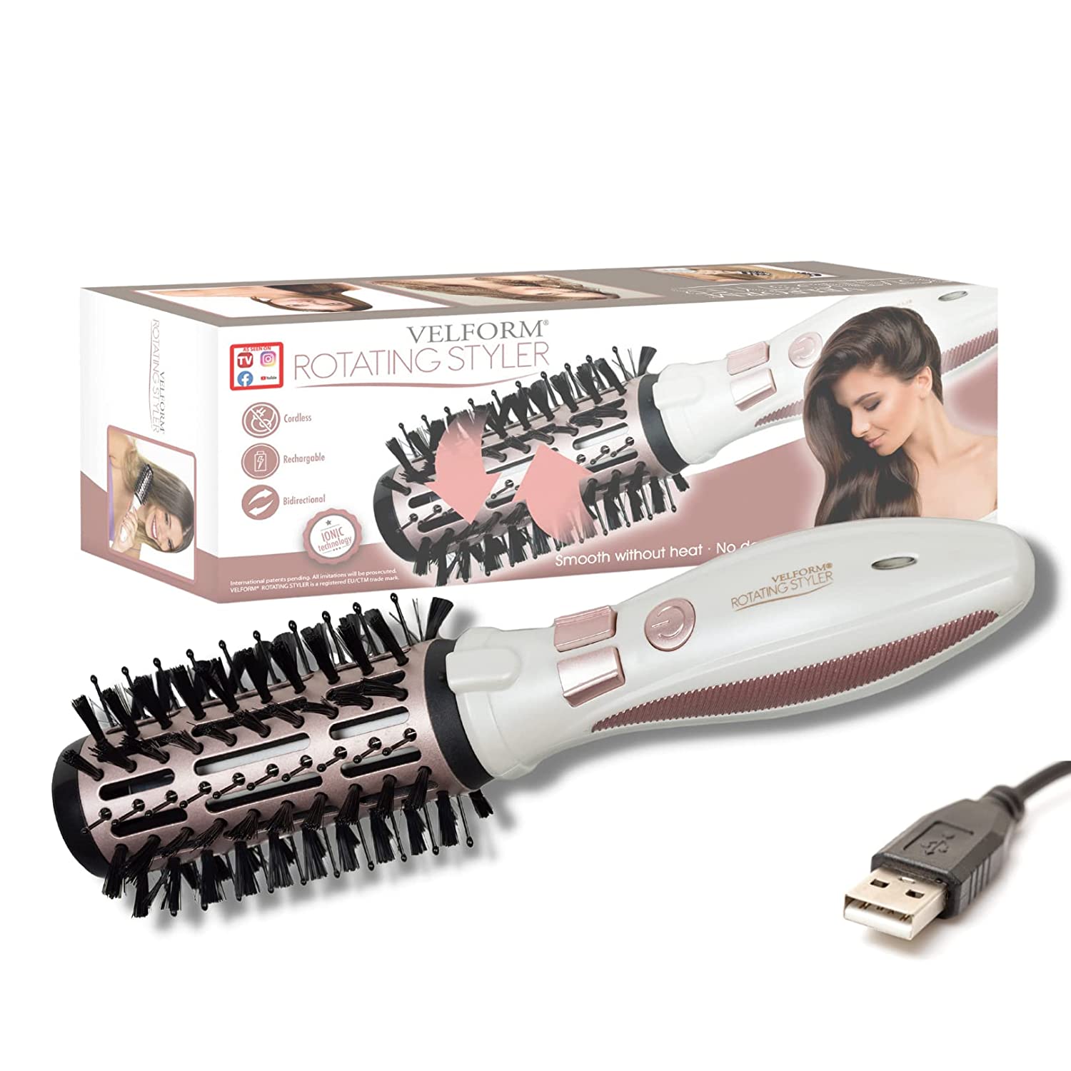 VELFORM Rotating Styler Electric Styling Brush (Straightening Curly) Wireless USB Rechargeable Hair Protection Ceramic Coating