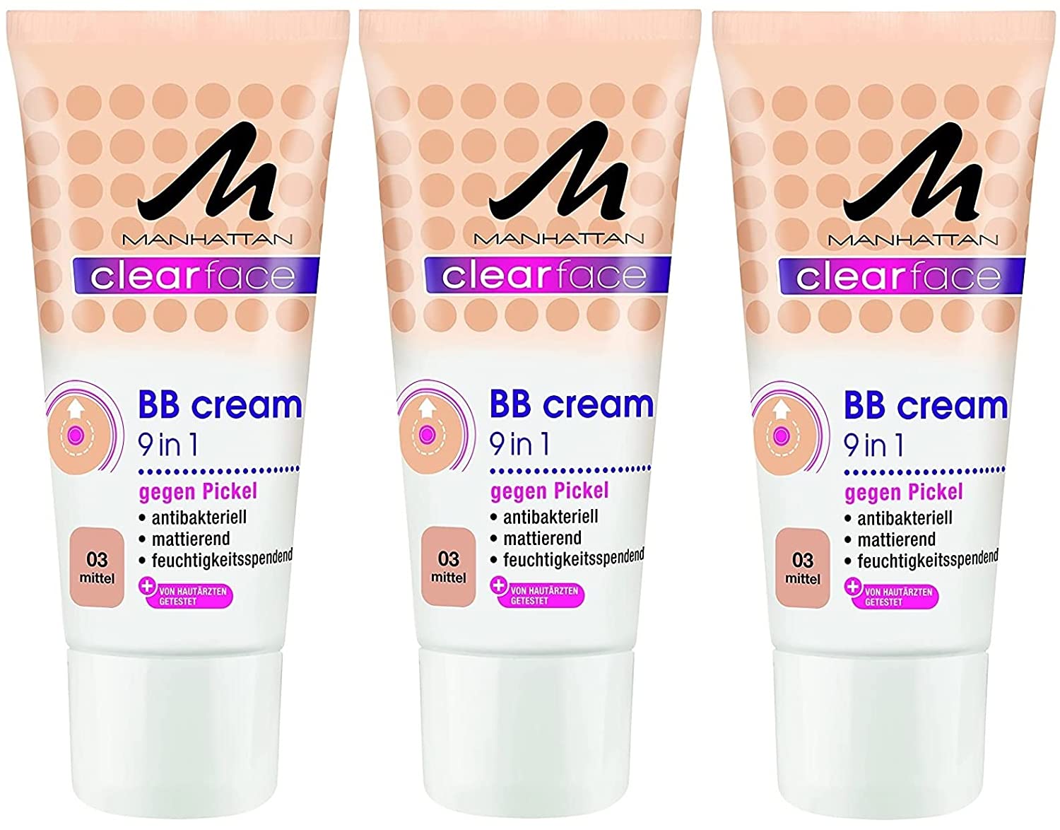 Manhattan Clarface BB Cream 9 in 1 Antibacterial Against Pimples 03 Medium Pack of 3 x 25 ml