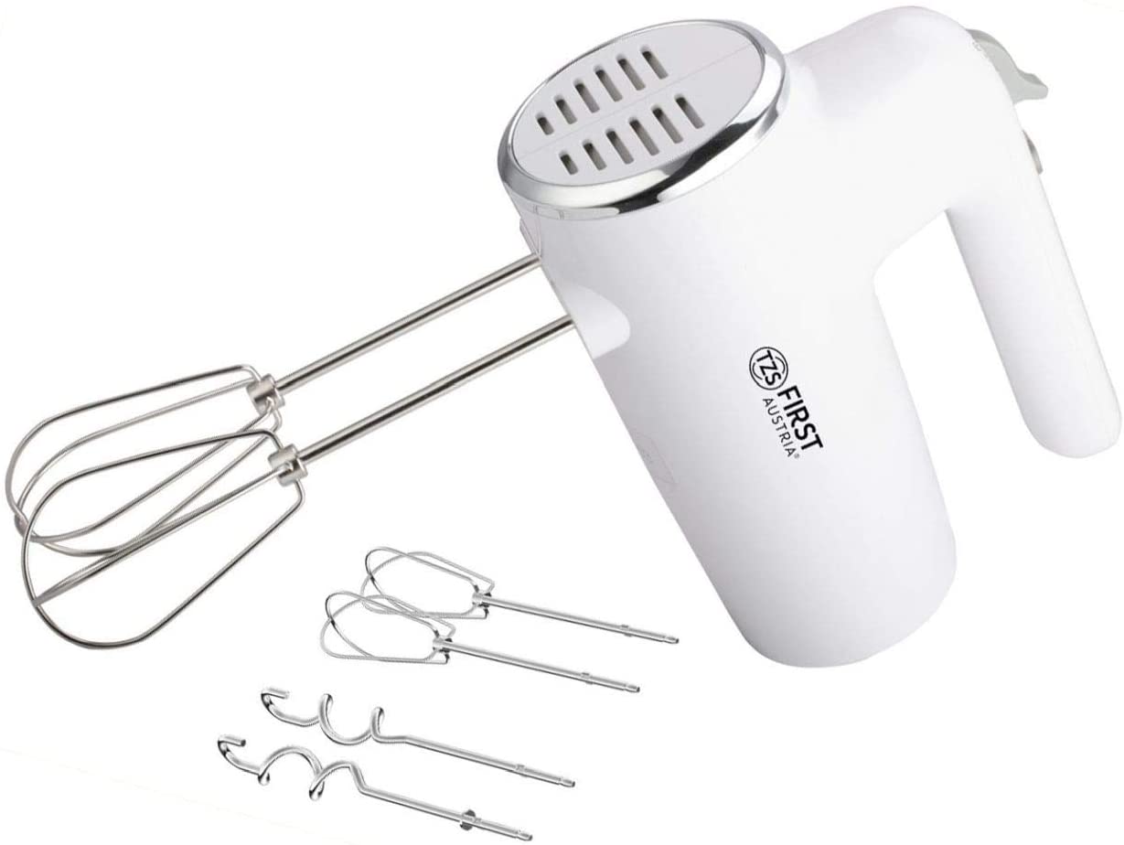 TZS First Austria Electric Hand Mixer with Extra Long Whisk for Deep Bowls 300 W | 6 Speeds Turbo Button | Includes Stainless Steel Whisk & Dough Hook | White