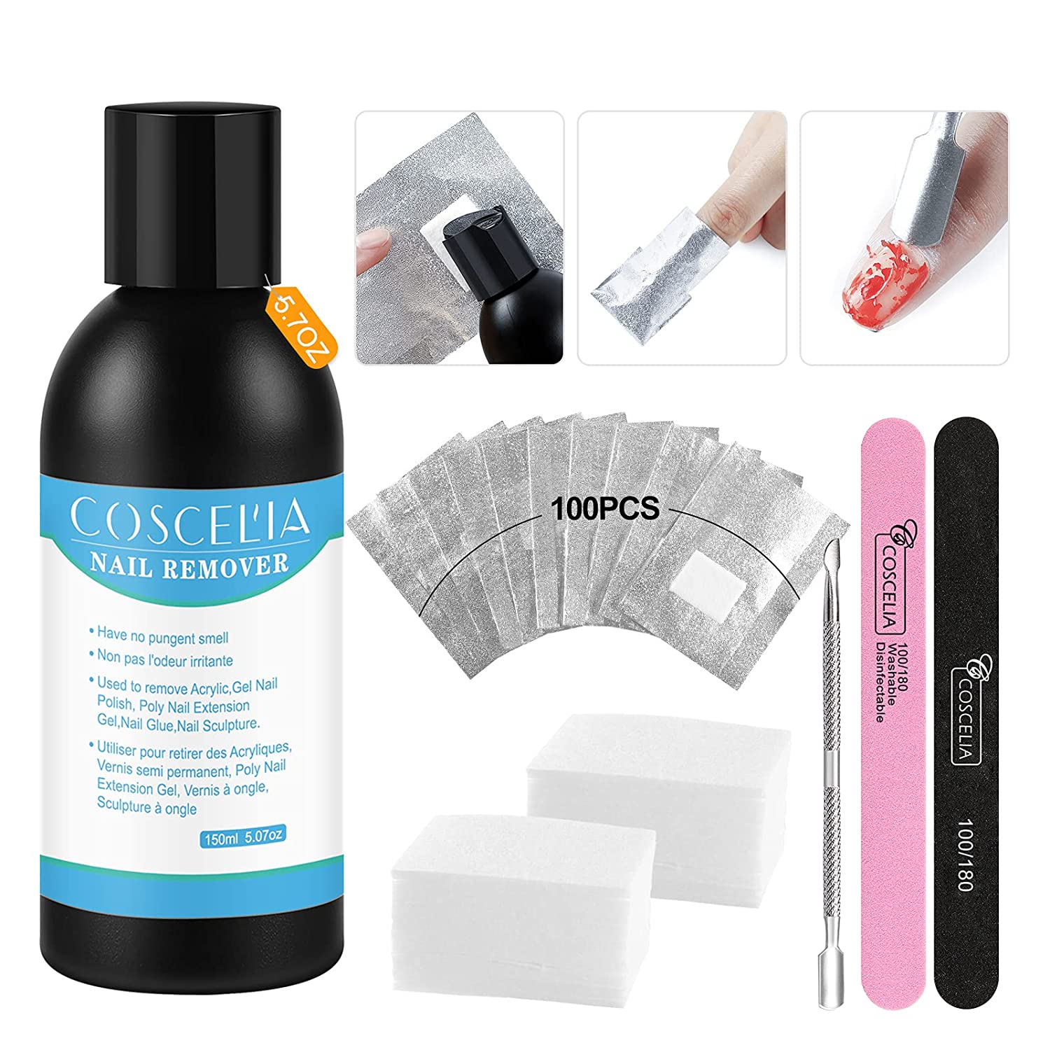 COSCELIA Nagellackentferner Set 150ML*5.07oz Leistungsstarker Nagellackentferner Flüssigkeit Nail Polish Remover Pads für Gel Nägel Entferner Tools Kit Nagelentferner Wattepads tragbare Paket, ‎set