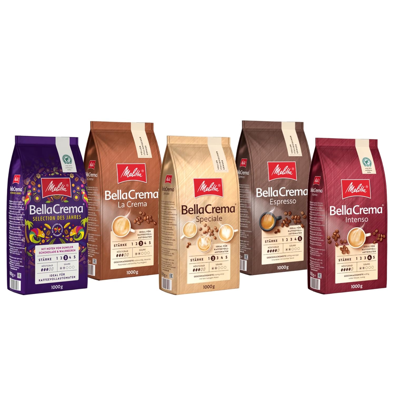 Melitta Bellacrema La Crema Speciale Intresso Selcation of the Year Whole Coffee Beans 5 x 1 kg, Unzround, Coffee Beans for Fully Automatic Coffee, Roasted in Germany