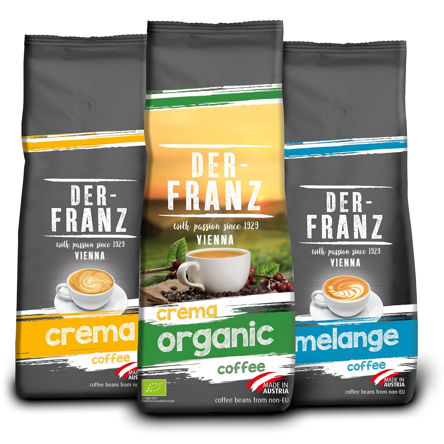 Der-Franz Ground Coffee Pack, 3 x 500 g, (1 x Crema, 1 x Melange, 1 x Crema Organic)